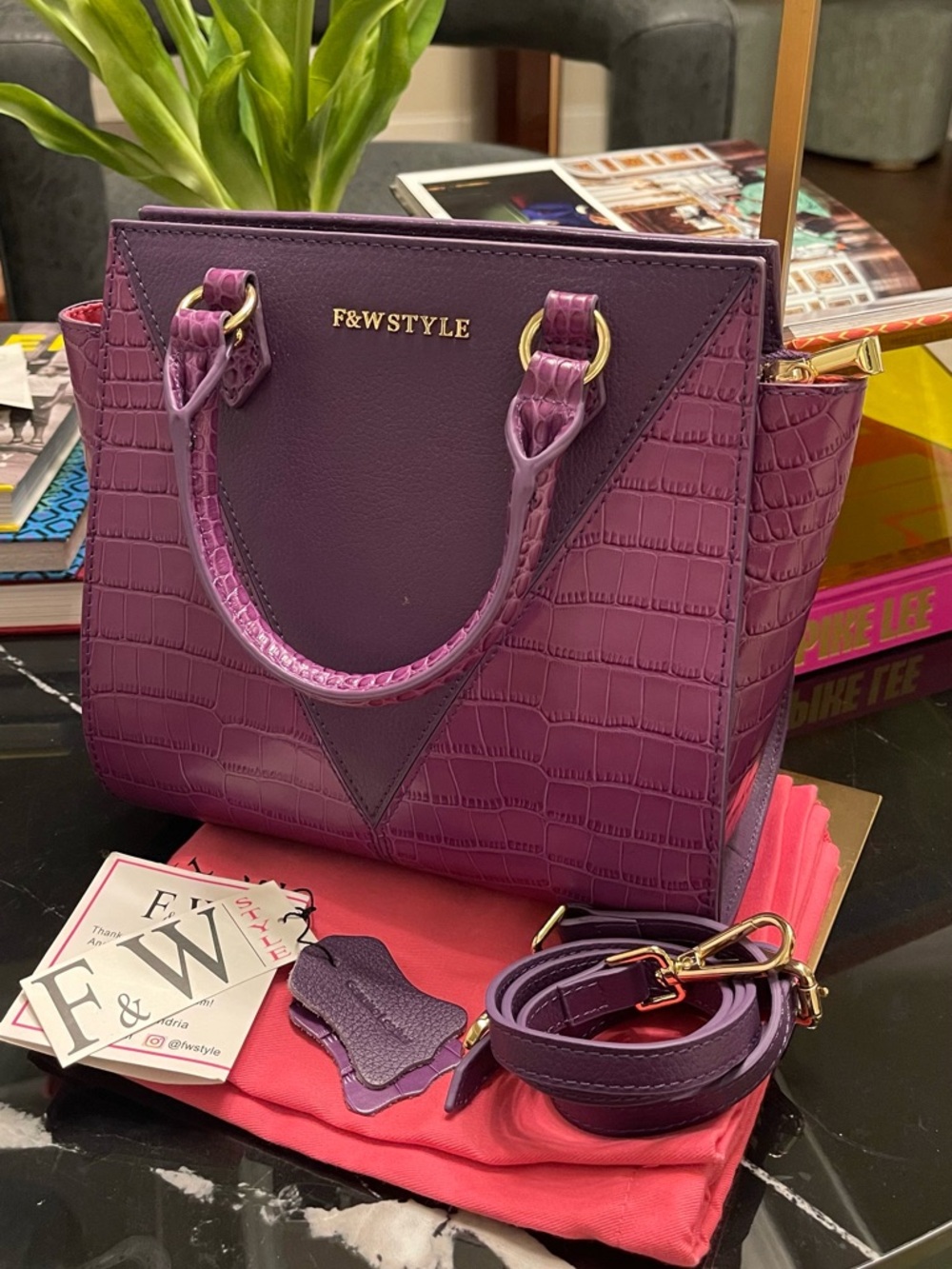 NWT F&W Style Purple Genuine Leather Croc Embossed Structured Satchel Tote